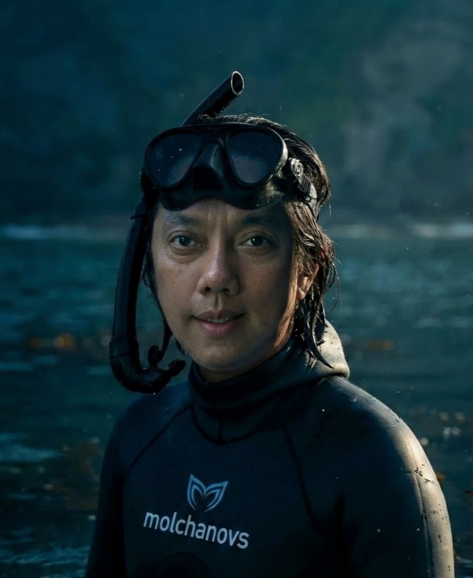 Edward M. Berdos, Molchanovs Instructor, wearing freediving gear by the water