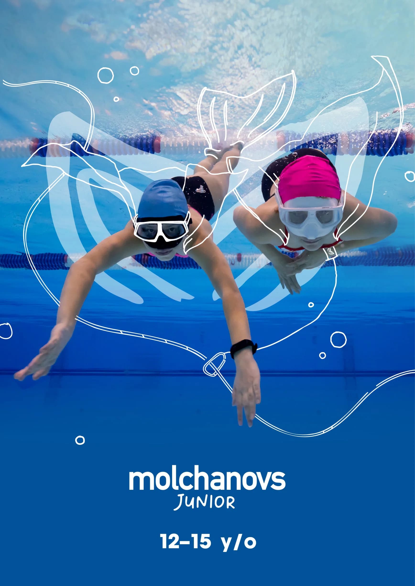 Two teens swimming underwater with a Molchanovs Junior program overlay, ages 12 to 15
