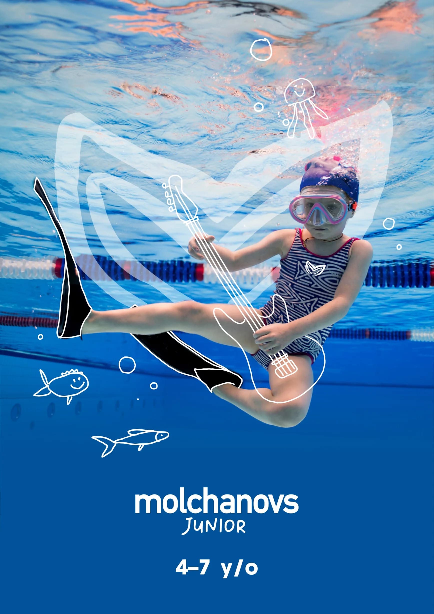 Young child practicing freediving skills underwater with a Molchanovs Junior program overlay, ages 4 to 7