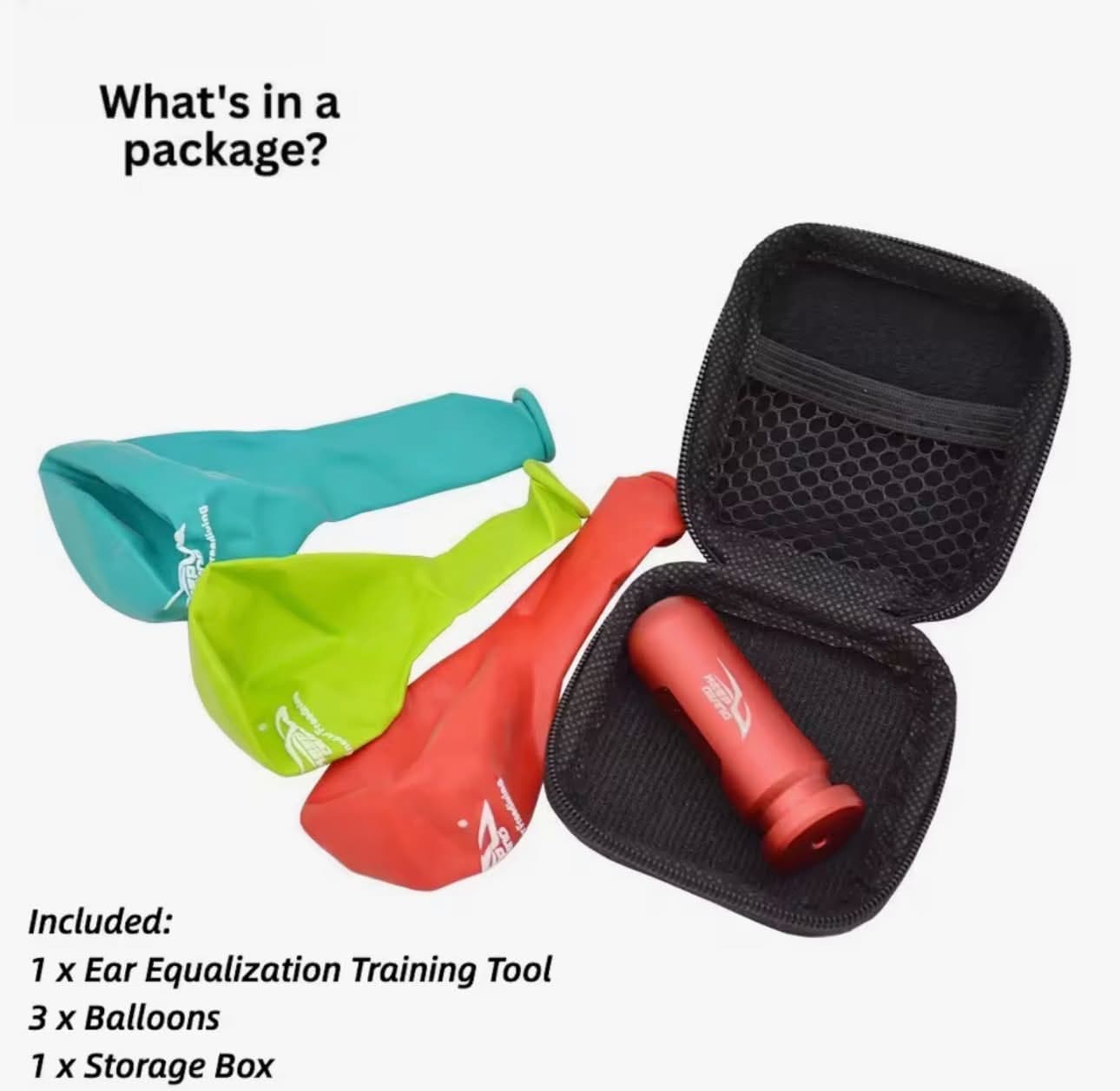 Ear equalization training tool package: a red training tool in an open zip storage box with three balloons in teal, green and red. Text reads: What's in a package? Included: 1 x Ear Equalization Training Tool, 3 x Balloons, 1 x Storage Box