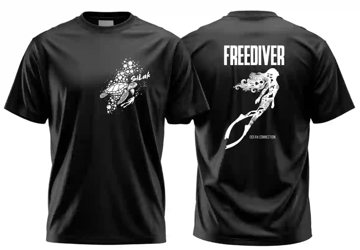 Black SiLak t-shirt with a turtle and freediver design on the front and an Ocean Connection mermaid design on the back